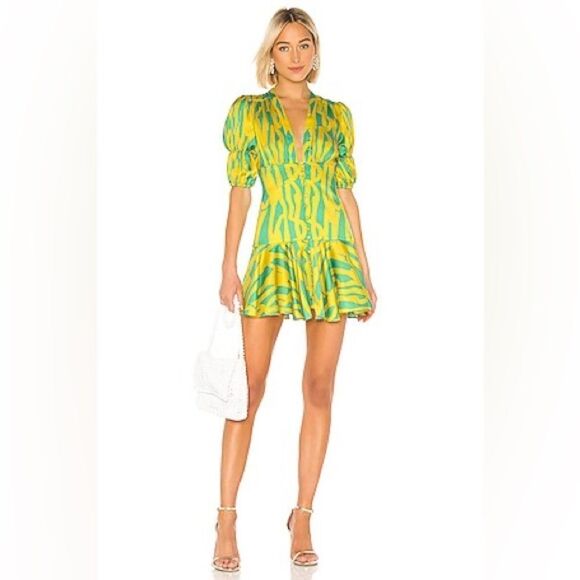 ALEXIS X REVOLVE green & yellow short sleeve Idun mini Dress in Citrus Gehry - Picture 1 of 9